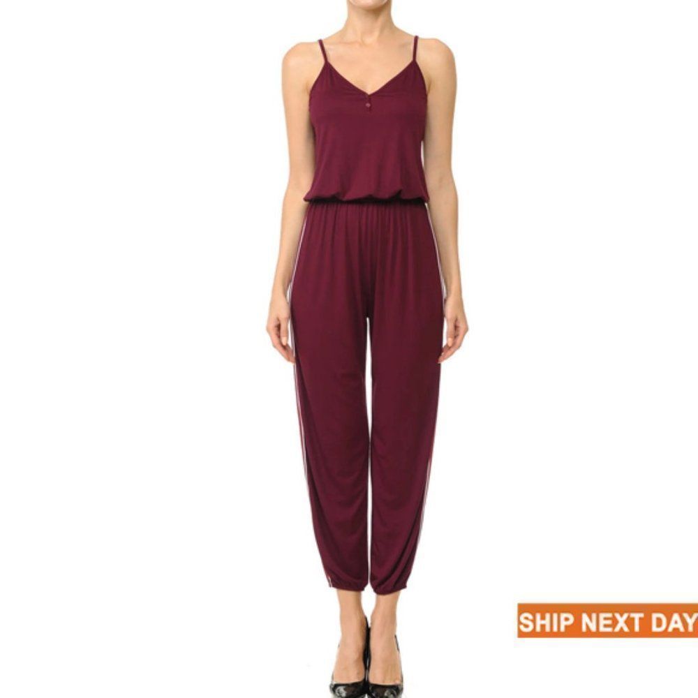 Side Striped Knit Henley Jumpsuit - Jumpsuit - Women's Jumpsuit - Jersy Jumpsuit